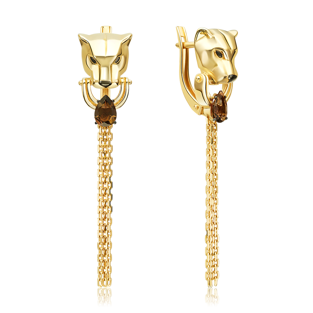 Серьги «Пантеры» с английским замком из лимонного золота с кварцем дымчатым 02-5507-00-202-1130