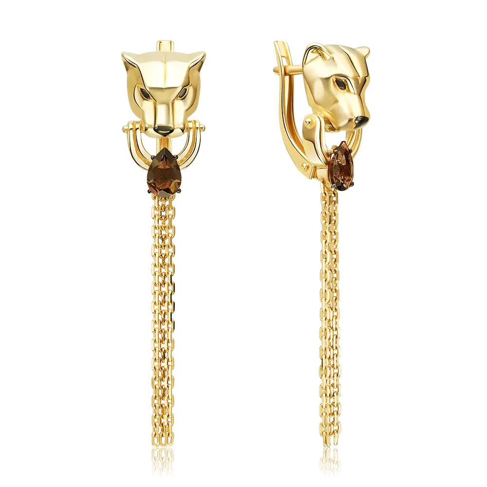 Серьги «Пантеры» с английским замком из лимонного золота с кварцем дымчатым 02-5507-00-202-1130
