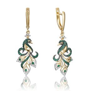 Серьги «Павлины» с английским замком из лимонного золота с фианитами