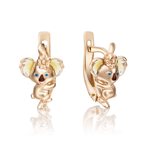 Детские серьги «Коалы» с английским замком из красного золота с эмалью 02-4041-00-000-1110-25