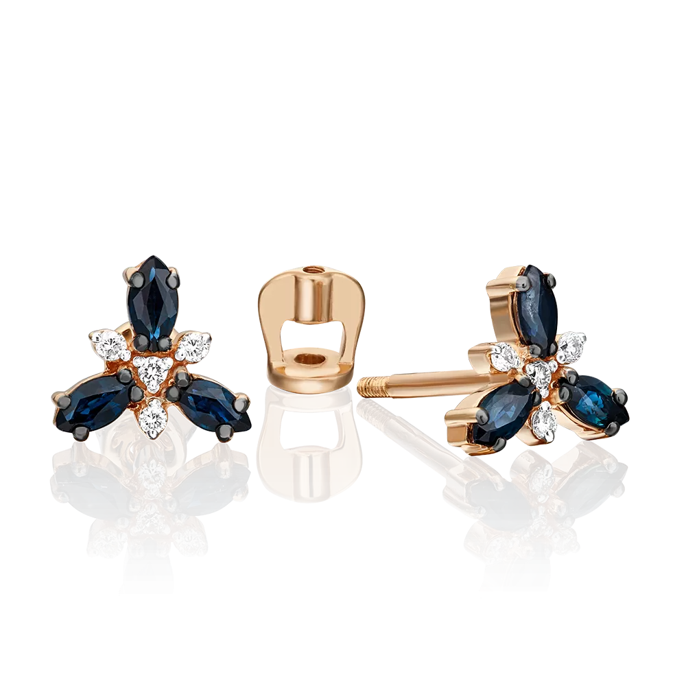 Серьги-пусеты из красного золота с сапфирами и бриллиантами 02-0397-00-105-1110-30