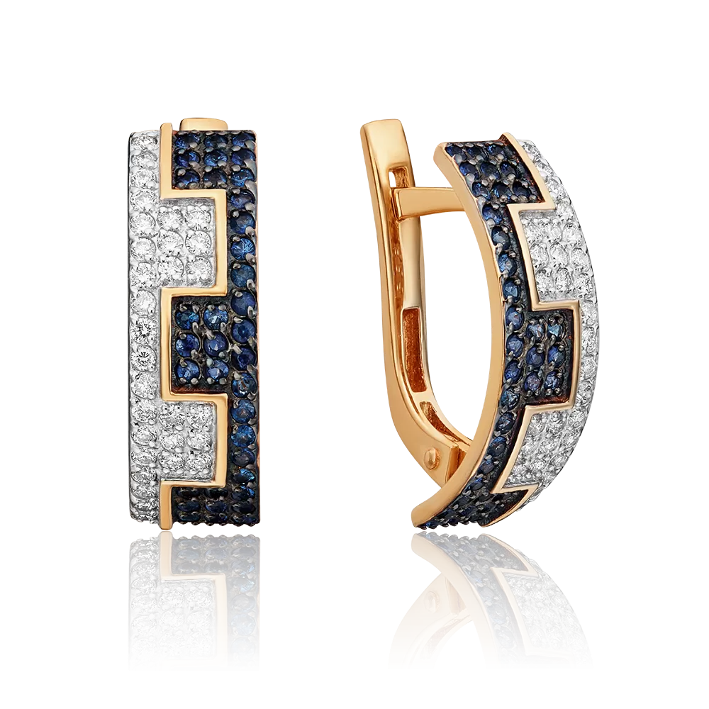 Серьги с английским замком из красного золота с бриллиантами и сапфирами 02-0399-00-105-1110-30