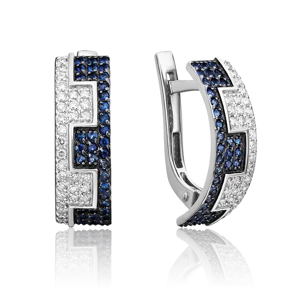 Серьги с английским замком из белого золота с бриллиантами и сапфирами 02-0400-00-105-1120-30