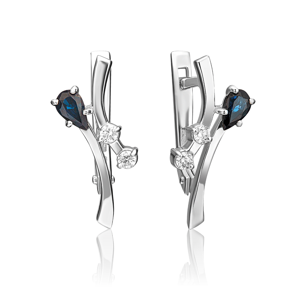 Серьги с английским замком из белого золота с сапфиром и бриллиантами 02-0416-00-105-1120-30
