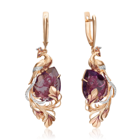 Серьги «Жар-птицы» с английским замком из красного золота с аметистом, натуральными топазами white и эмалью 02-4530-00-225-1110