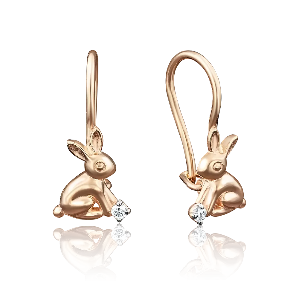 Детские серьги «Зайчата» с французским замком из красного золота с фианитом 02-3495-00-401-1110-03
