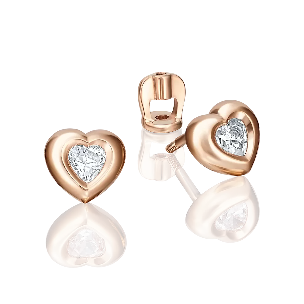 Серьги-пусеты «Сердца» из красного золота с фианитом 02-3685-00-501-1110-38