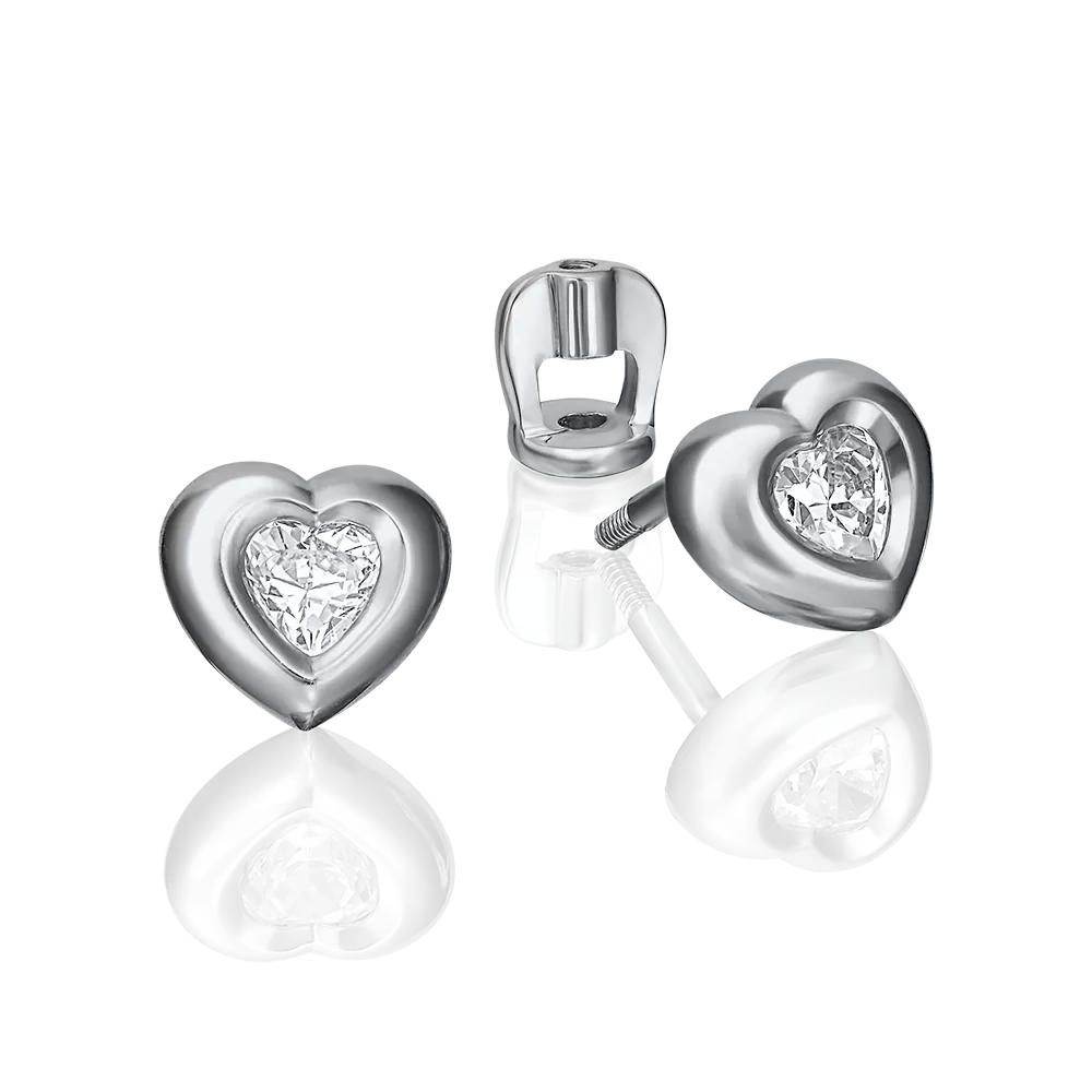 Серьги-пусеты «Сердца» из белого золота с фианитом 02-3685-00-501-1120-38