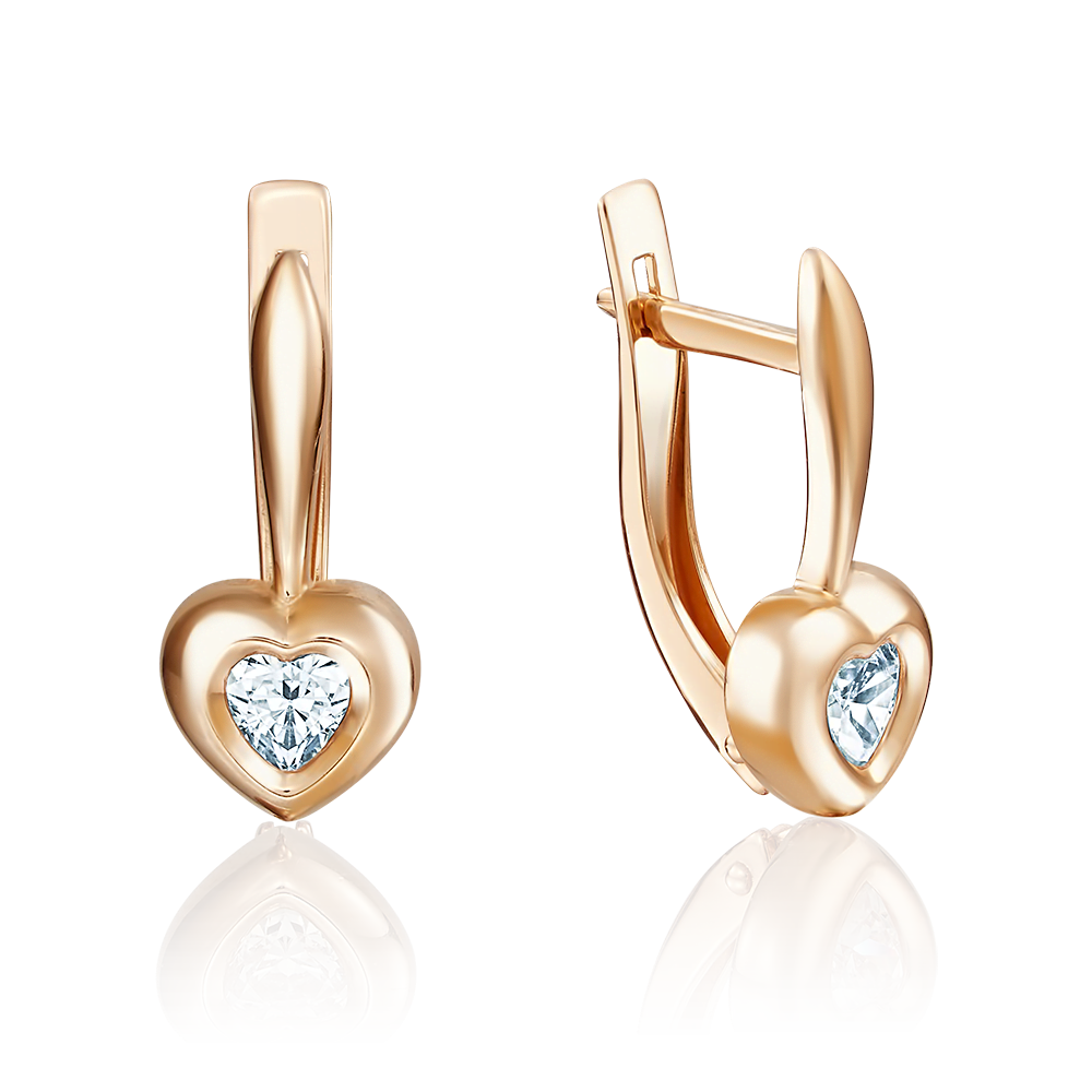 Серьги «Сердца» с английским замком из красного золота с фианитом 02-3686-00-501-1110-38