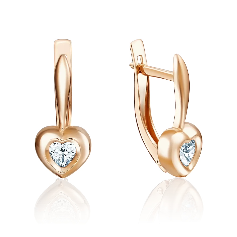 Серьги «Сердца» с английским замком из красного золота с фианитом 02-3686-00-501-1110-38