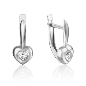 Серьги «Сердца» с английским замком из белого золота с фианитом