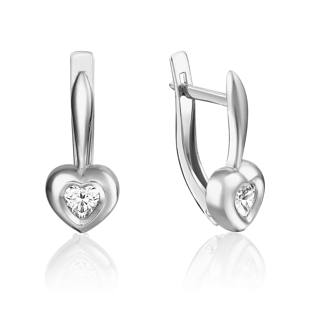 Серьги «Сердца» с английским замком из белого золота с фианитом 02-3686-00-401-1120