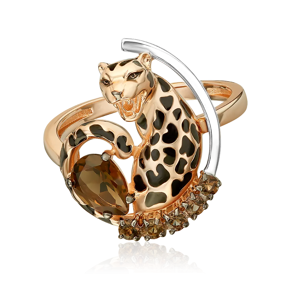 Кольцо «Леопард» из комбинированного золота с кварцем дымчатым и эмалью 01-5883-00-202-1111