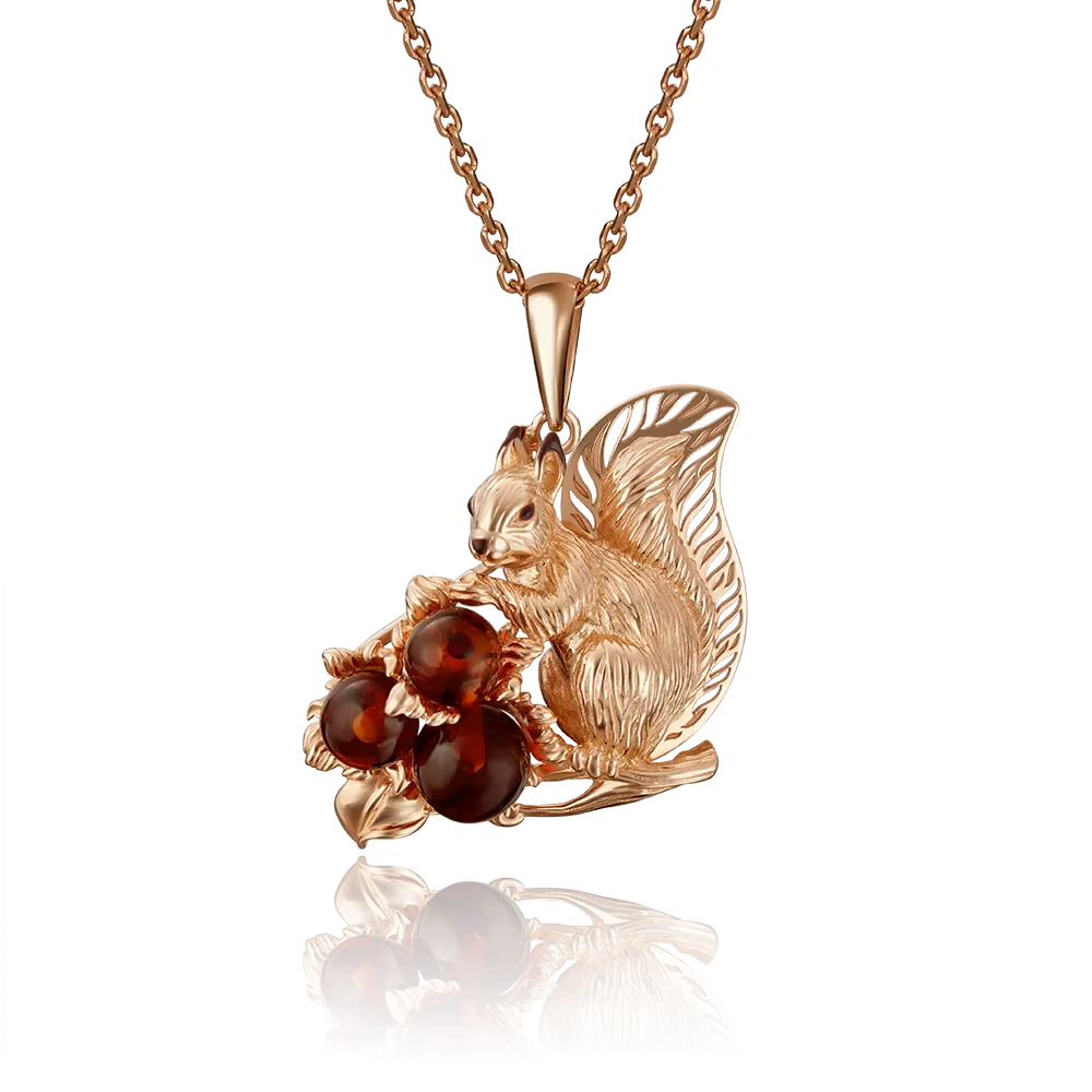 Подвеска «Белка с орехами» из красного золота с янтарём и эмалью 03-2875-01-271-1110-46