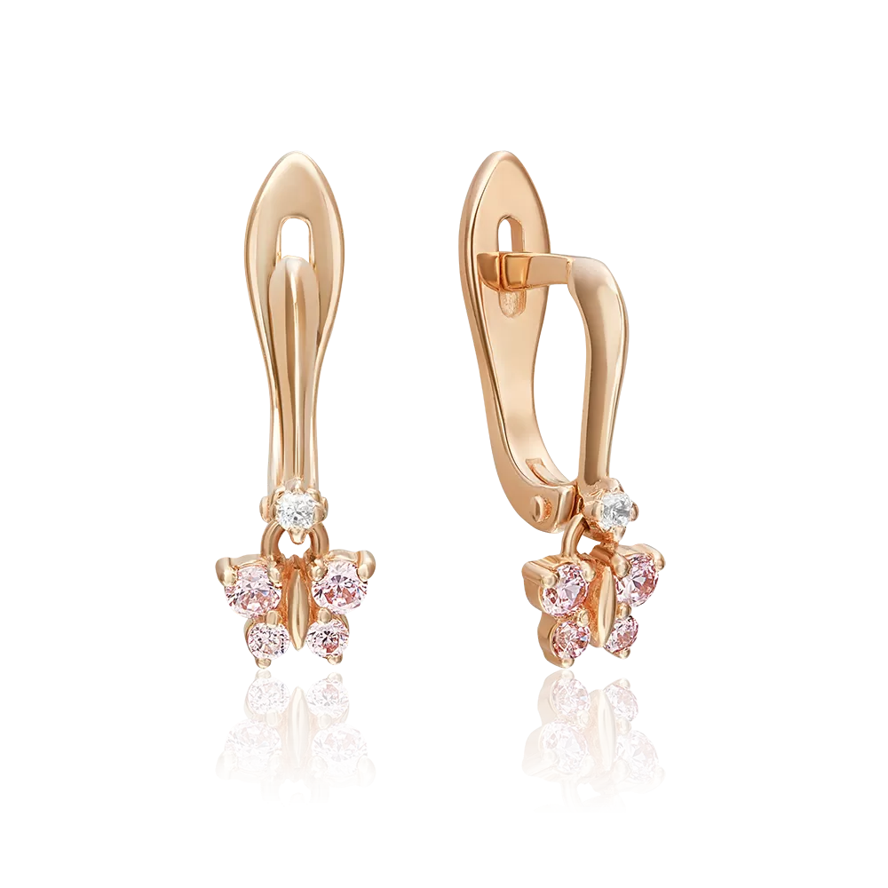 Серьги детские «Бабочки» с английским замком из красного золота с фианитами 02-3414-01-404-1110-03