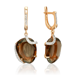 Серьги с английским замком из красного золота с кварцем дымчатым и фианитами 02-3214-00-208-1110-46