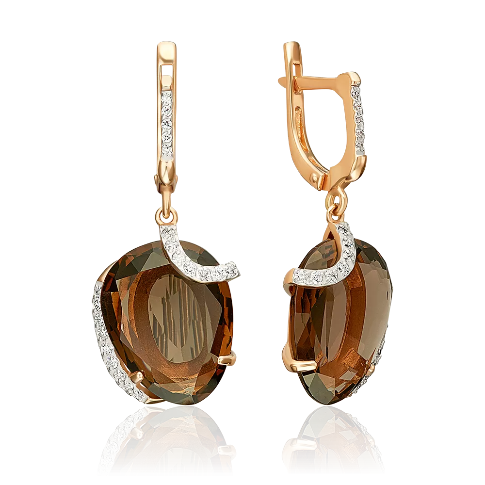 Серьги с английским замком из красного золота с кварцем дымчатым и фианитами 02-3214-00-208-1110-46
