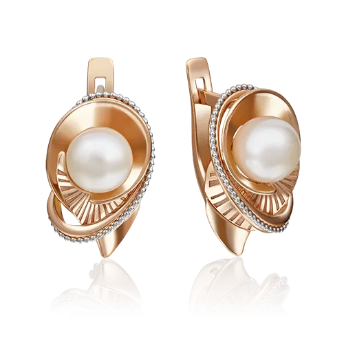 Серьги с английским замком из красного золота с жемчугом культивированным 02-4129-00-301-1110-31