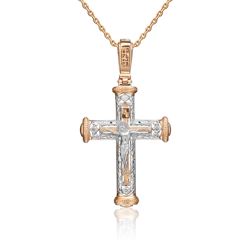 Православный крест из комбинированного золота с фианитами 03-1981-00-401-1111-03
