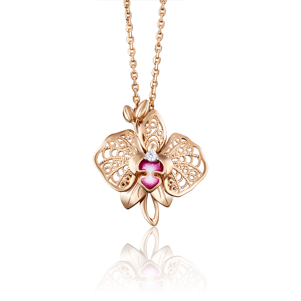 Подвеска «Орхидея» из красного золота с фианитом и эмалью 03-2679-00-401-1110-48