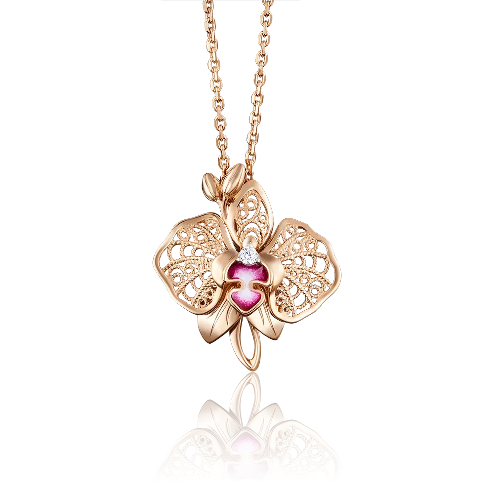Подвеска «Орхидея» из красного золота с фианитом и эмалью 03-2679-00-401-1110-48