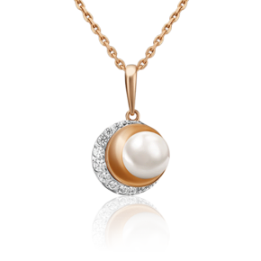 Подвеска «Полумесяц» из красного золота с жемчугом культивированным и фианитами 03-3009-00-307-1110-31