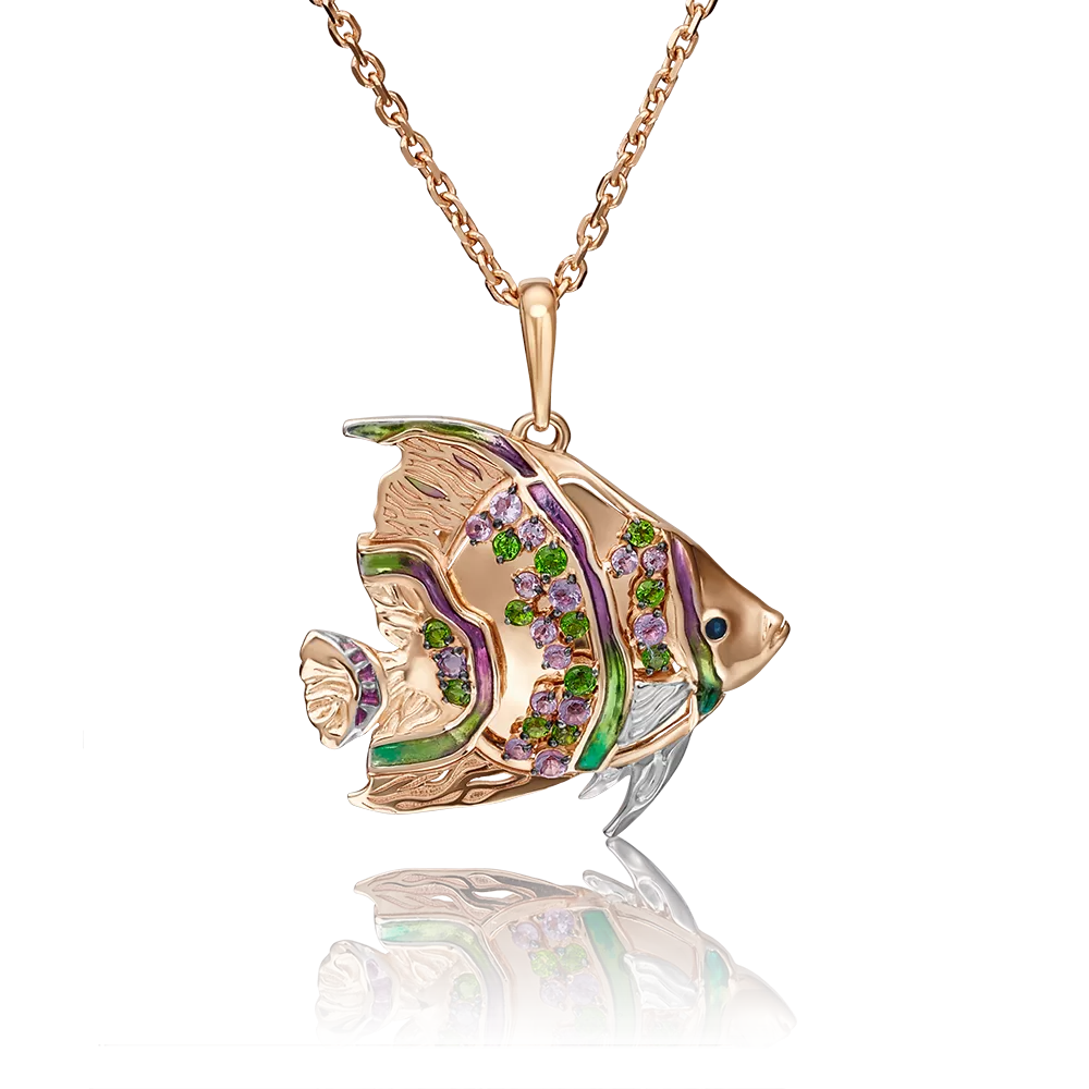 Подвеска «Коралловая рыбка» из красного золота с аметистами, хромдиопсидами и эмалью 03-2828-00-709-1110-57