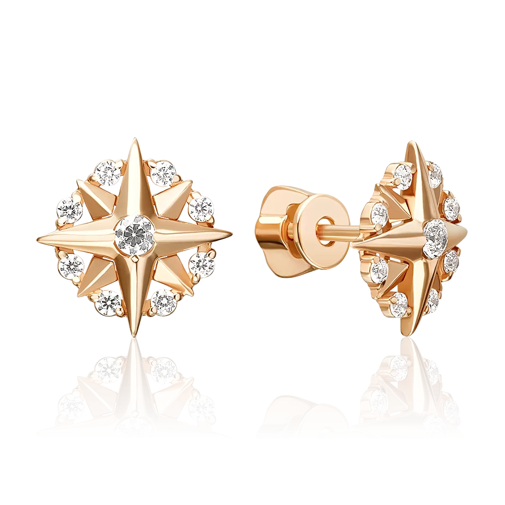 Серьги-пусеты «Роза ветров» из красного золота с фианитами 02-5597-00-401-1110