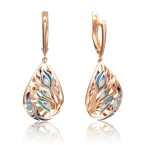 Серьги «Павлин» с английским замком из красного золота с эмалью 02-4235-00-000-1110-48