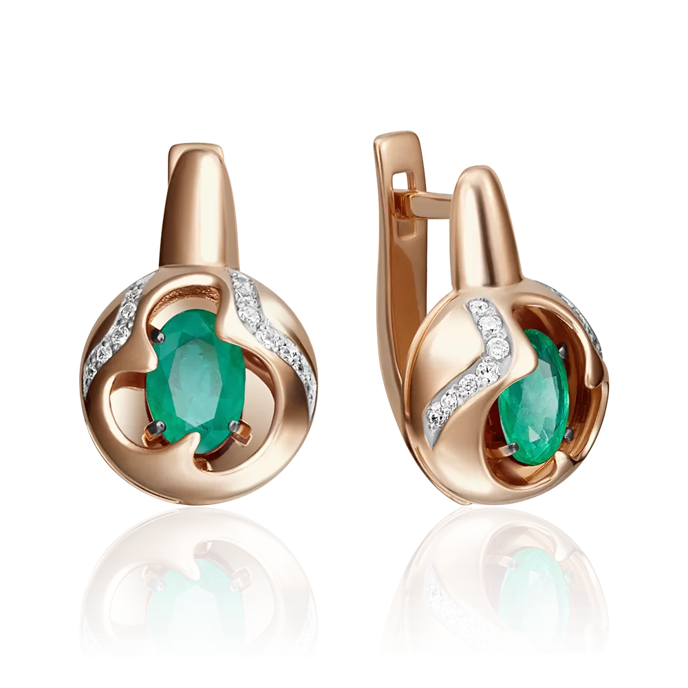 Серьги с английским замком из красного золота с изумрудом и бриллиантами 02-4159-00-106-1110-30