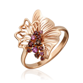Кольцо «Цветок» из красного золота с гранатами и кварцем дымчатым 01-5079-01-705-1110-57