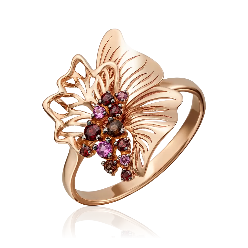 Кольцо «Цветок» из красного золота с гранатами и кварцем дымчатым 01-5079-01-705-1110-57