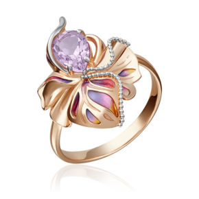 Кольцо «Удивительный цветок» из красного золота с аметистом и эмалью