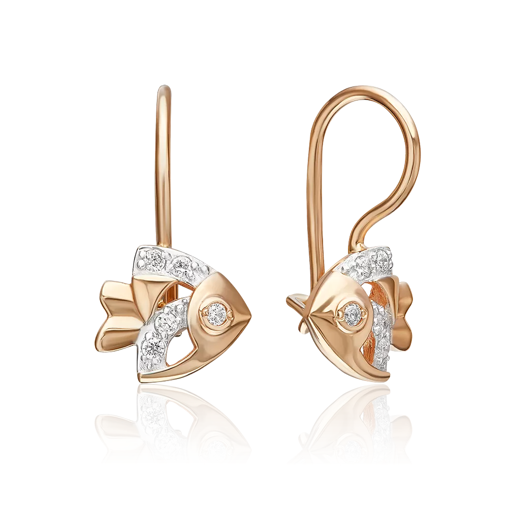 Детские серьги «Рыбки» с французским замком из красного золота с фианитами 02-2005-00-401-1110-03