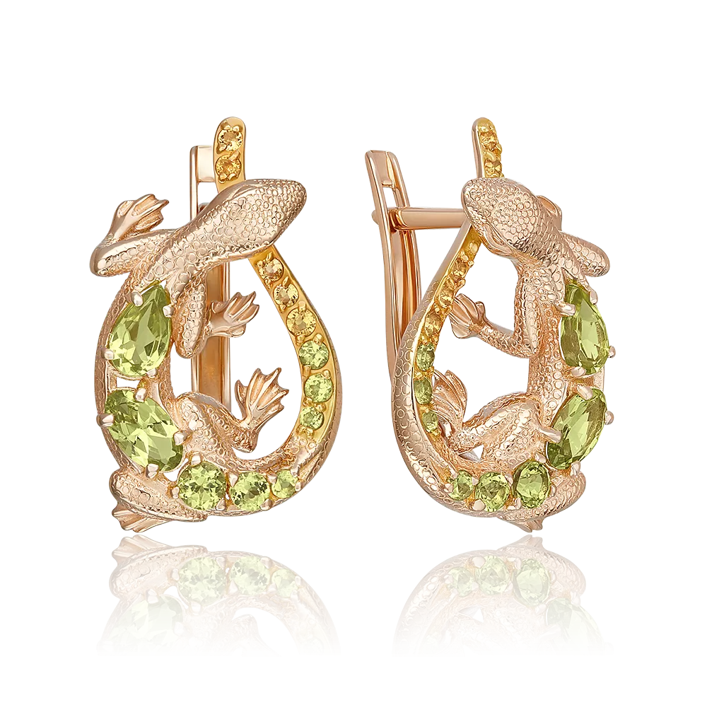 Серьги «Ящерицы» с английским замком из красного золота с хризолитами и цитринами 02-5287-00-235-1110