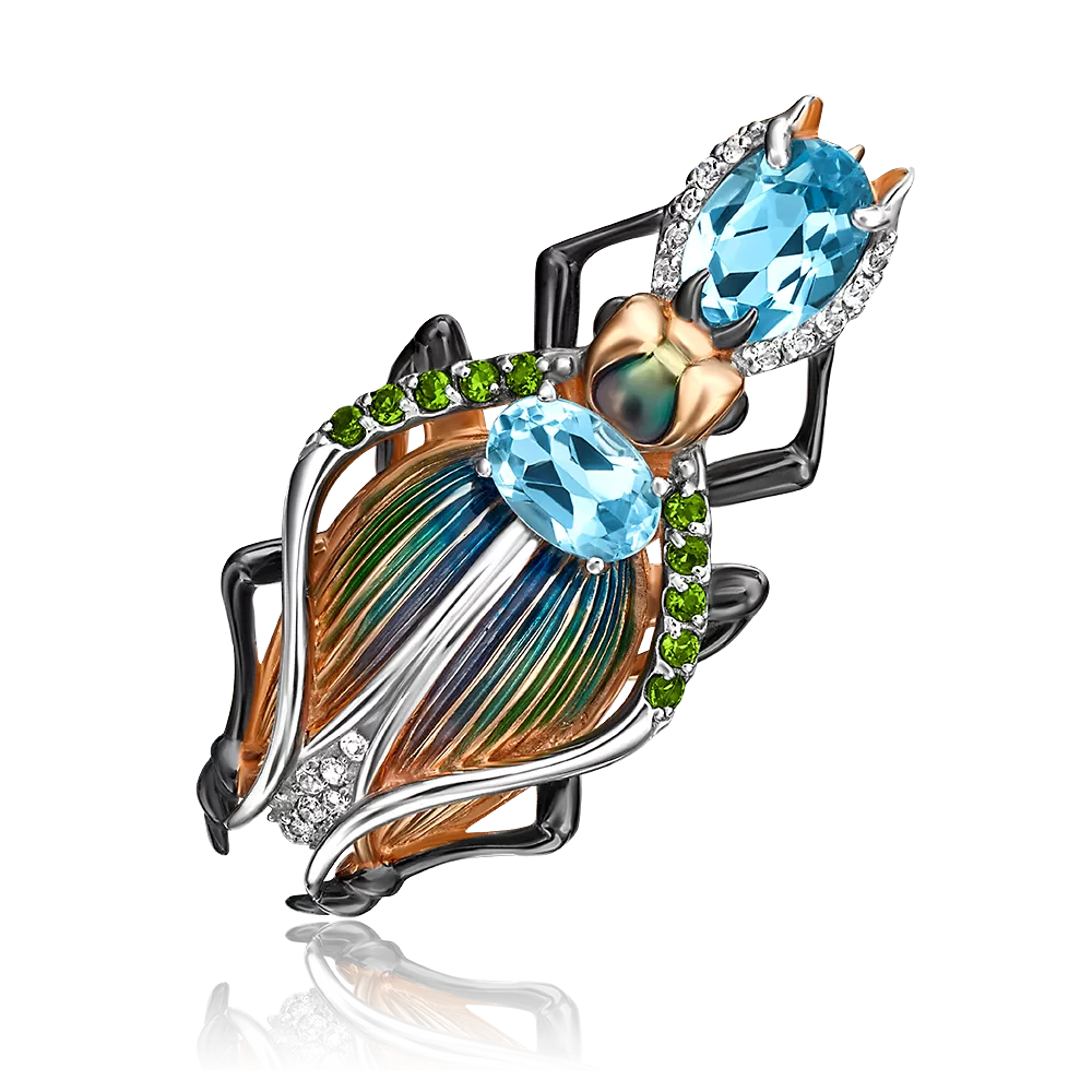 Брошь «Жук-скарабей» из красного золота с миксом камней и эмалью 04-0216-00-713-1110-57