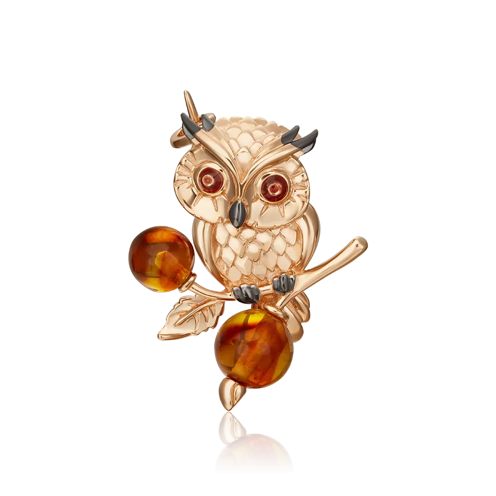 Брошь «Сова» из красного золота с янтарём и эмалью 04-0253-00-271-1110-46