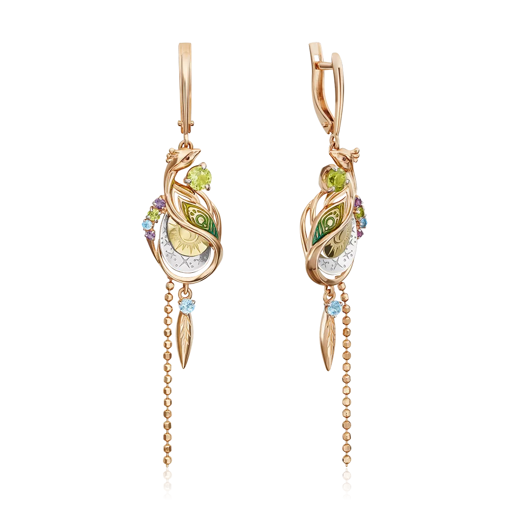 Серьги «Преображение» с английским замком из комбинированного золота с миксом камней и эмалью 02-4858-00-221-1140