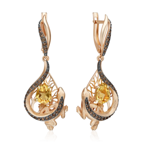 Серьги «Золотистые ящерицы» с английским замком из красного золота с цитрином и кварцем дымчатым 02-5295-00-226-1110