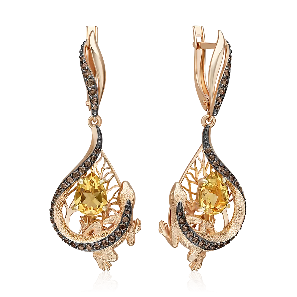 Серьги «Золотистые ящерицы» с английским замком из красного золота с цитрином и кварцем дымчатым 02-5295-00-226-1110