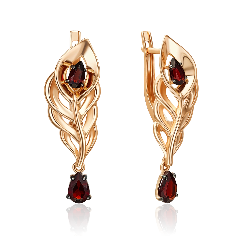Серьги «Перо сказочной птицы» с английским замком из красного золота с гранатами 02-5565-00-204-1110