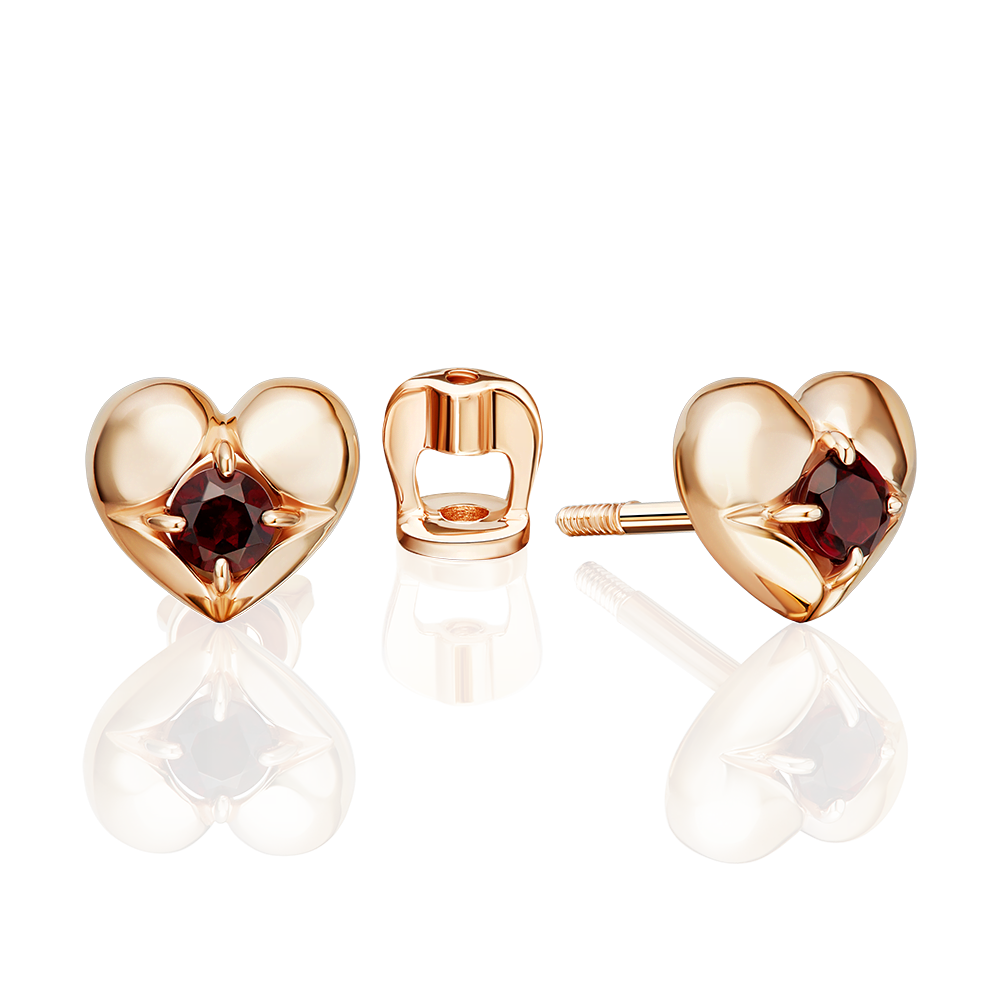 Серьги-пусеты «Сердца» из красного золота с гранатом 02-5392-00-204-1110