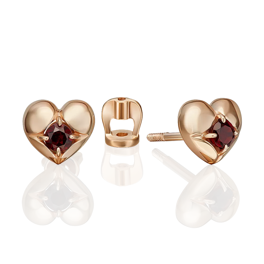 Серьги-пусеты «Сердца» из красного золота с гранатом 02-5392-00-204-1110