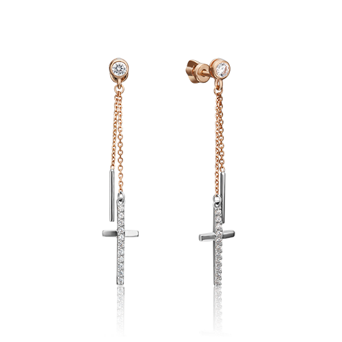 Серьги-пусеты «Кресты» из комбинированного золота с фианитами 02-4395-00-401-1111-42