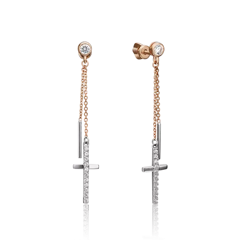 Серьги-пусеты «Кресты» из комбинированного золота с фианитами 02-4395-00-401-1111-42