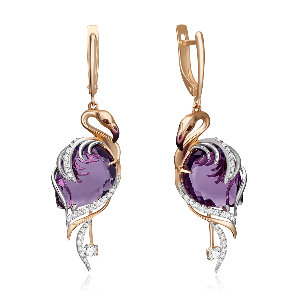 Серьги «Фламинго» с английским замком из красного золота с аметистом, натуральными топазами white и эмалью 02-4367-00-225-1110-46