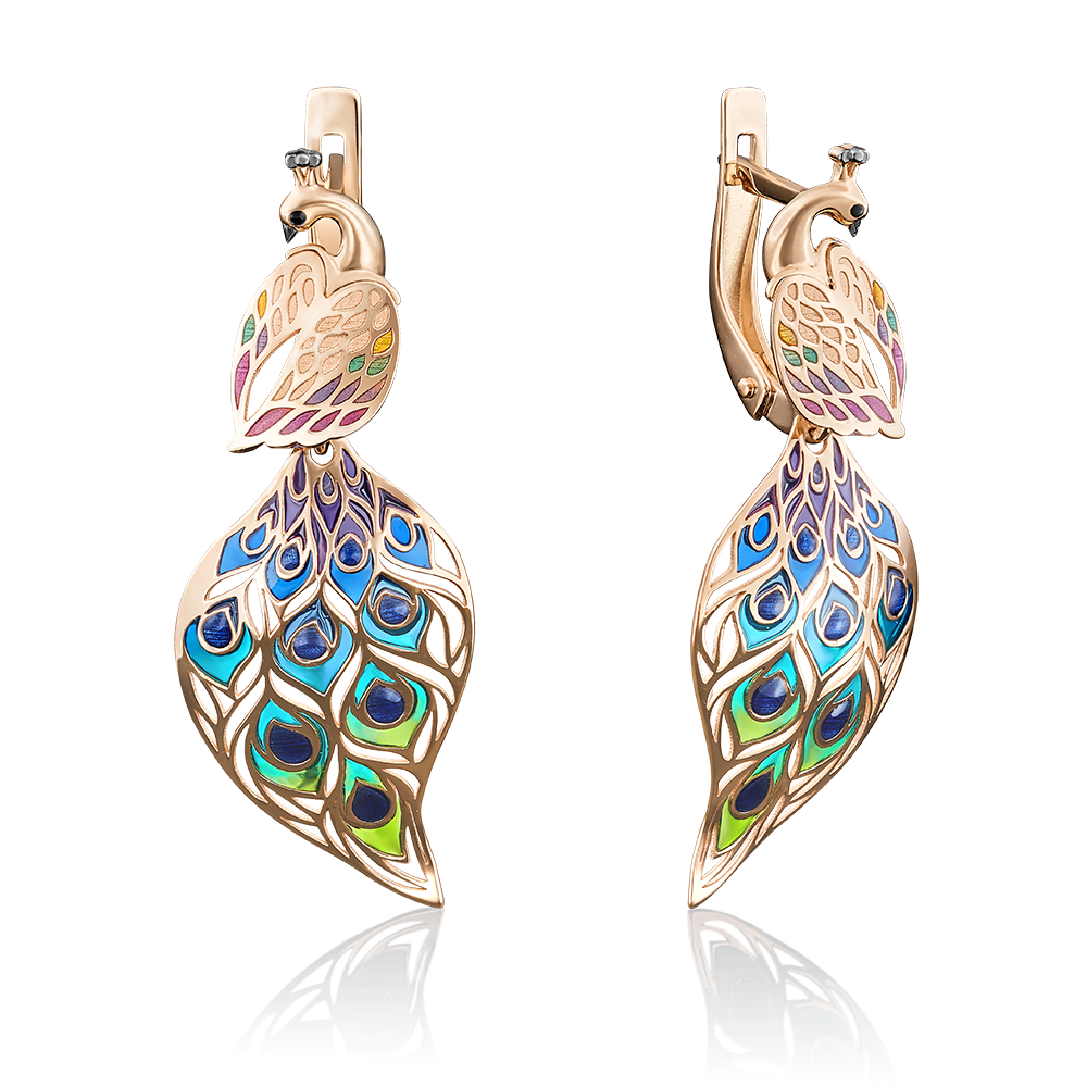 Серьги «Павлины» с английским замком из красного золота с эмалью 02-3951-00-000-1110-59