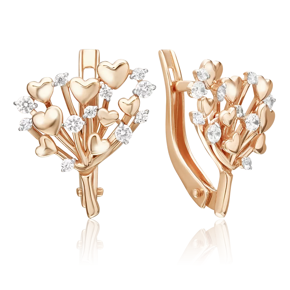 Серьги «Букет сердец» с английским замком из красного золота с фианитами 02-5419-00-401-1110