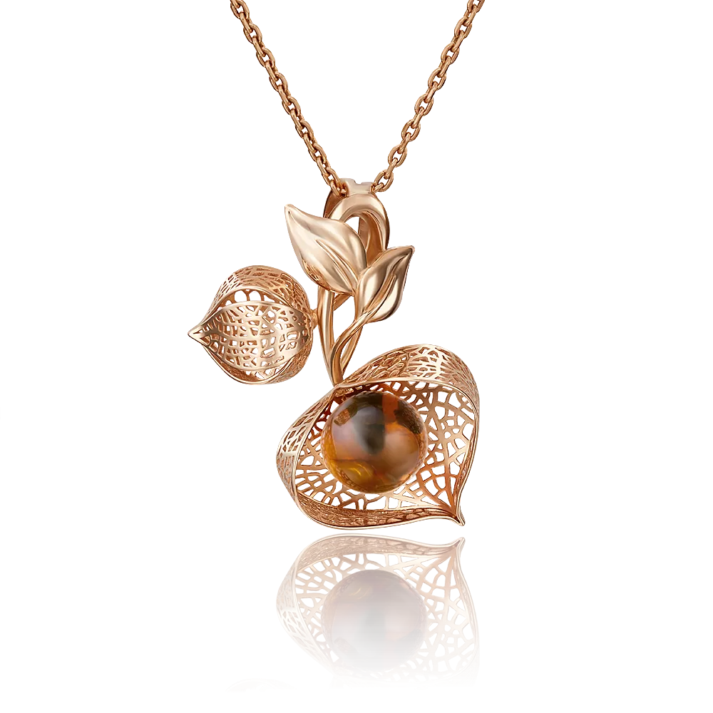 Подвеска «Физалис» из красного золота с янтарём 03-2890-01-271-1110-58