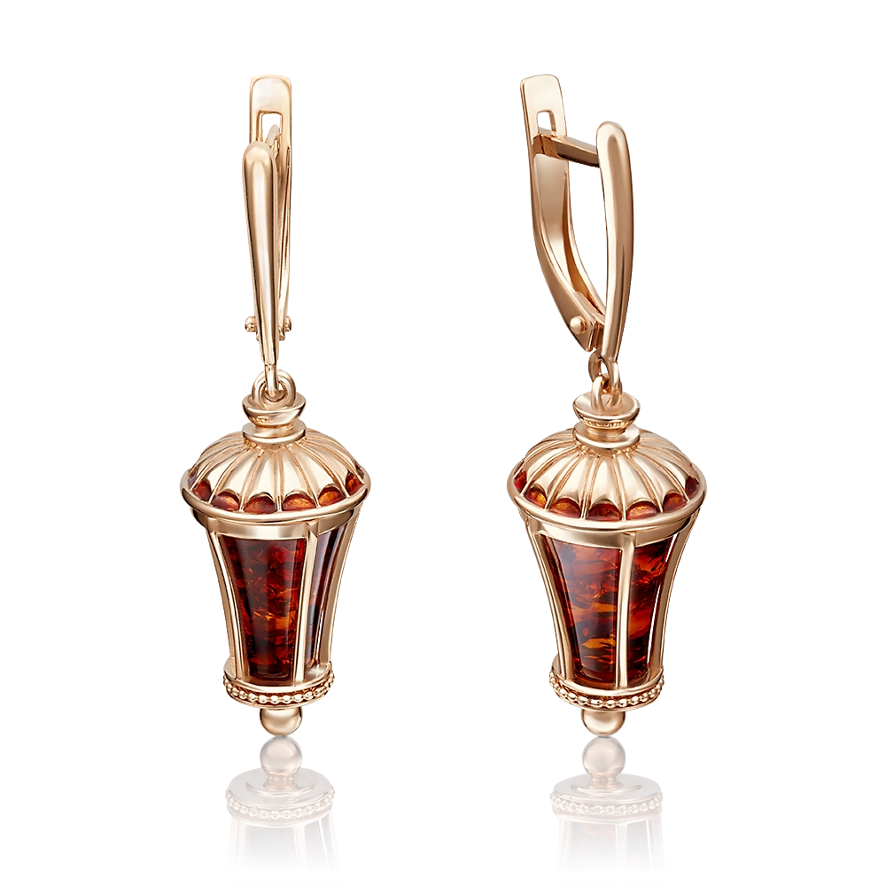Серьги «Фонарики» с английским замком из красного золота с янтарём и эмалью 02-4147-00-271-1110-46